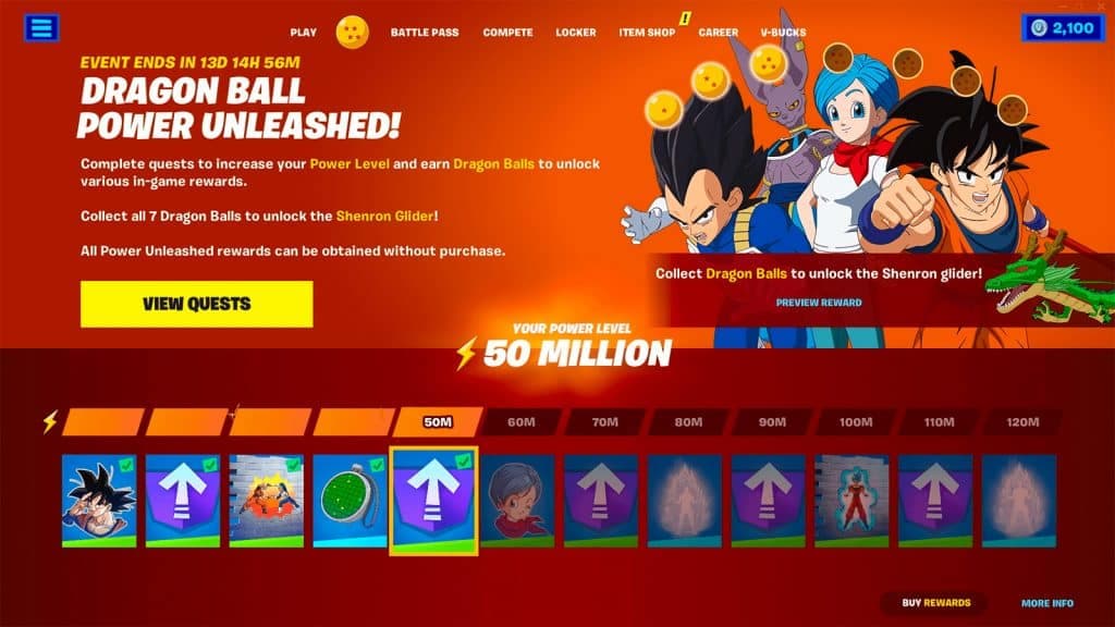 A screenshot of the Dragon Ball Quests in Fortnite