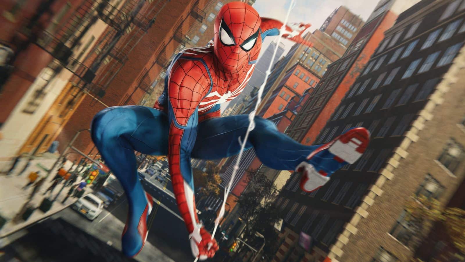 Spiderman swinging through New York