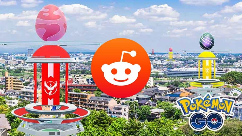 Reddit logo over a Pokemon Go gym