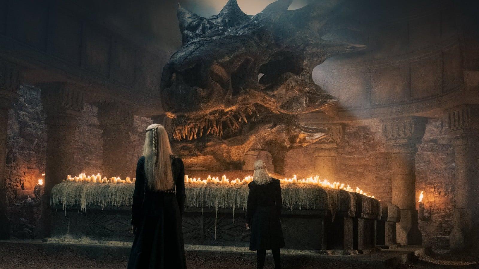 A still from House of the Dragon in the "Song of Ice and Fire" scene.