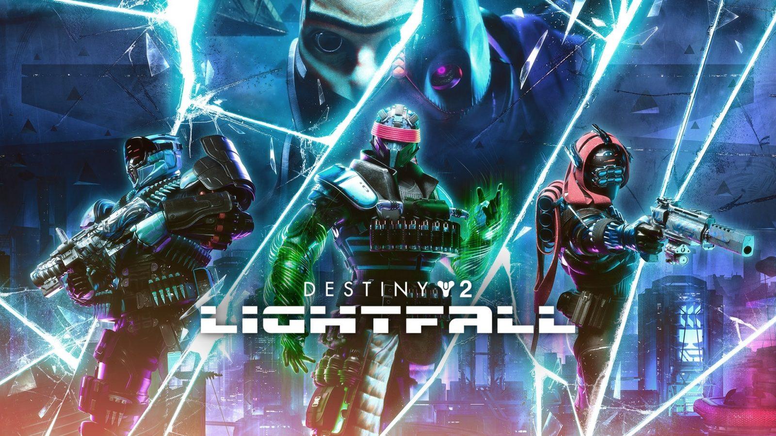 Destiny 2 Lightfall key art showing key characters behind the expansion's logo