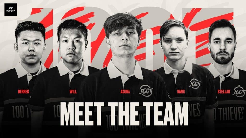 100 Thieves Valorant team intro graphic with in-game names
