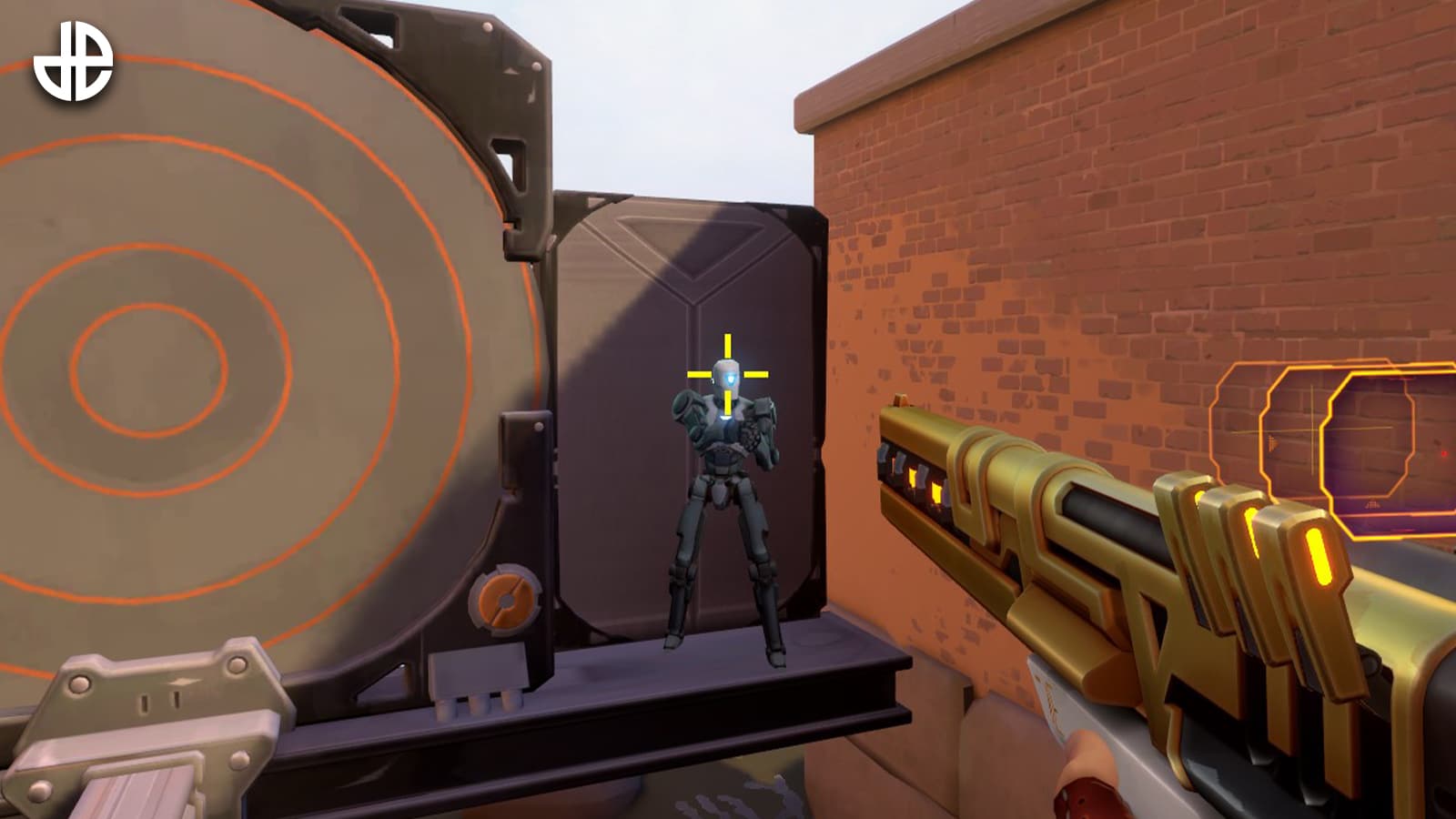 Chamber aiming his sniper at a bot in Practise Range