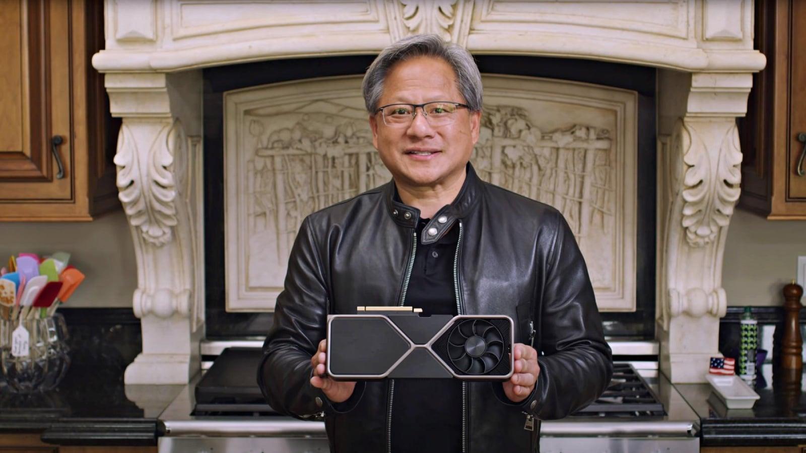 Nvidia CEO Jensen Huang with GPU in kitchen