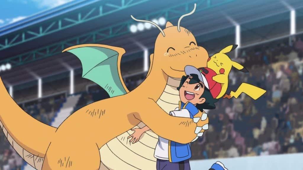 Ash hugging dragonite pokemon journeys anime header