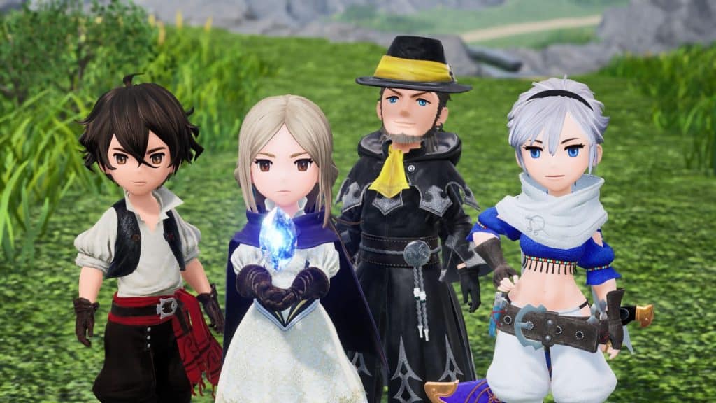 squad of bravely default 2 characters stood together, one of the best RPGs on Switch.