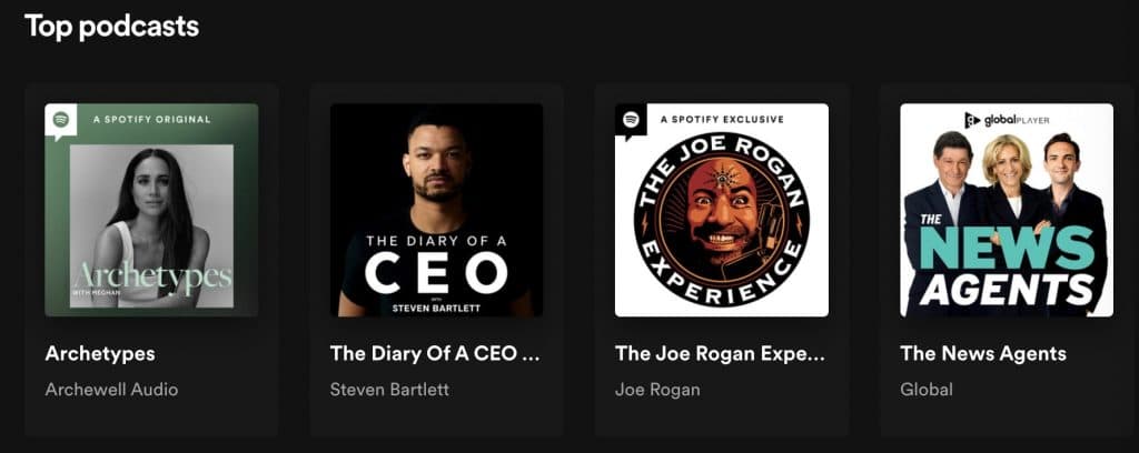 Screenshot of Spotify podcast chart with Joe Rogan show in third place