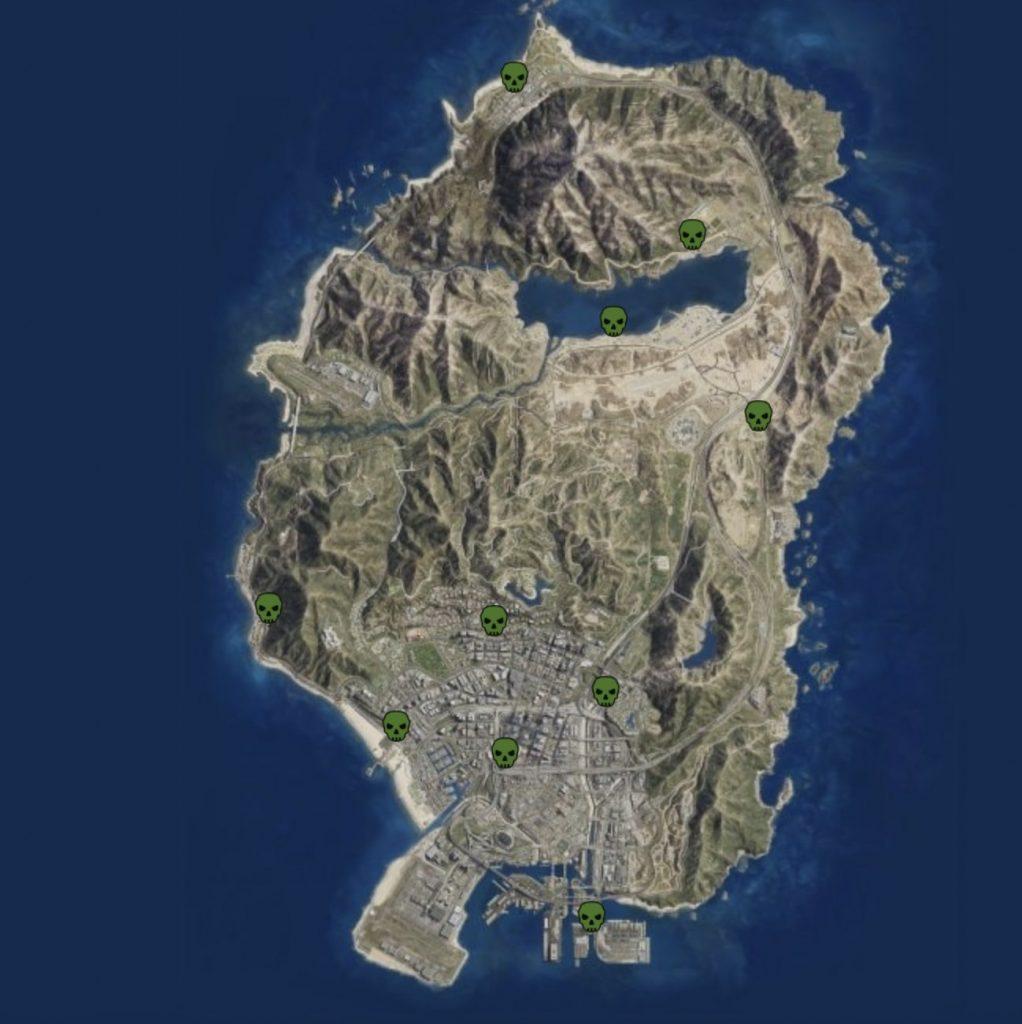 GTA Online map showing Crime Scene locations for m16 service rifle