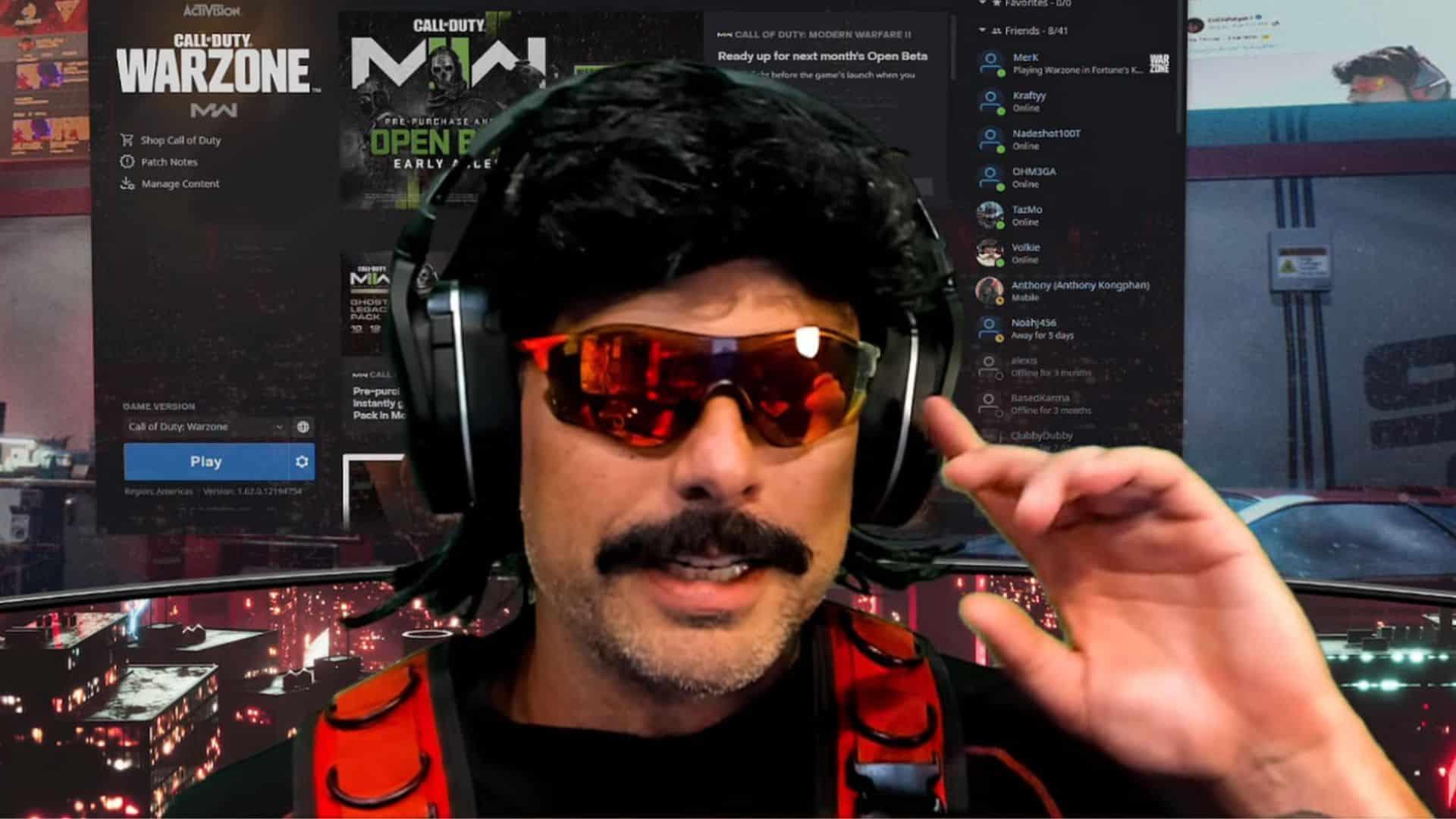 Dr Disrespect pointing to his head next to Warzone menu