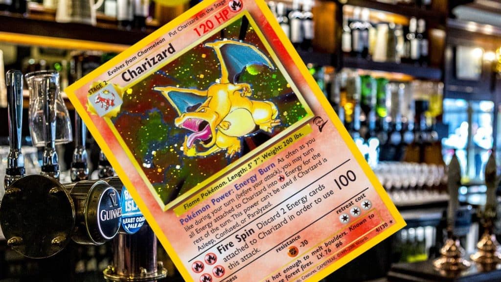 student uses pokemon charizard card to enter bar