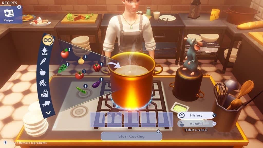 A Disney Dreamlight Valley player cooking ratatouille