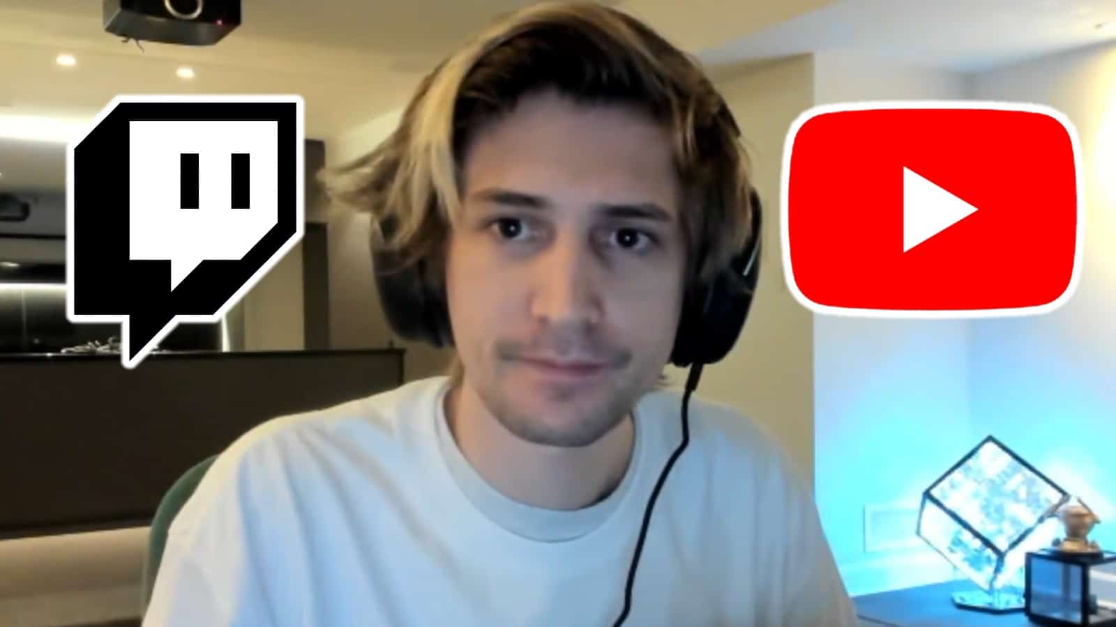 xQc streams on Twitch with Twitch and YouTube logo