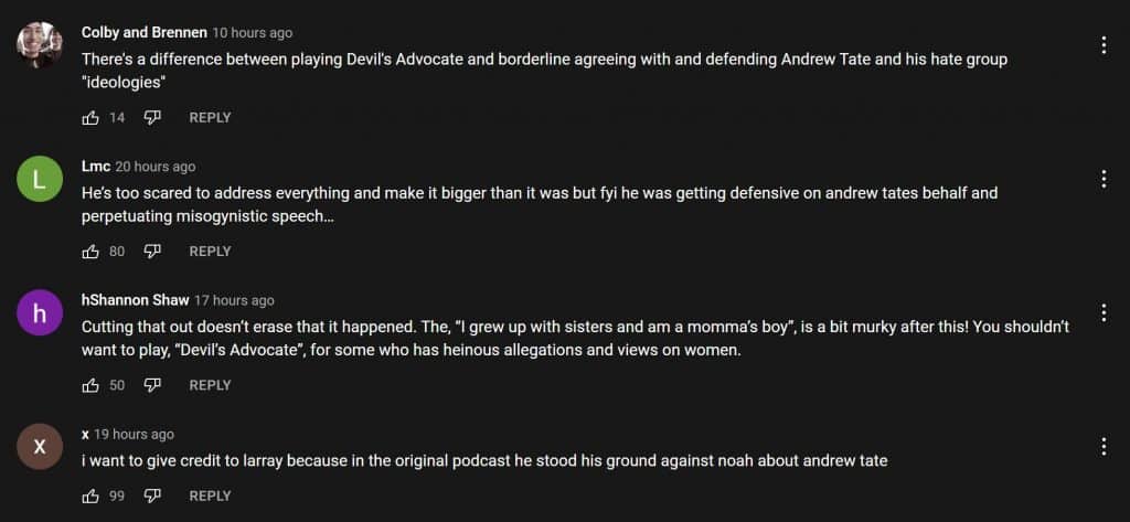 youtube comments noah beck andrew tate