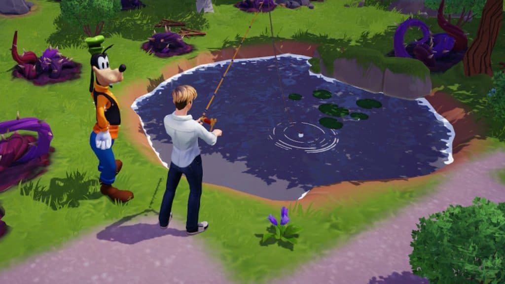 A character fishing in Disney Dreamlight Valley