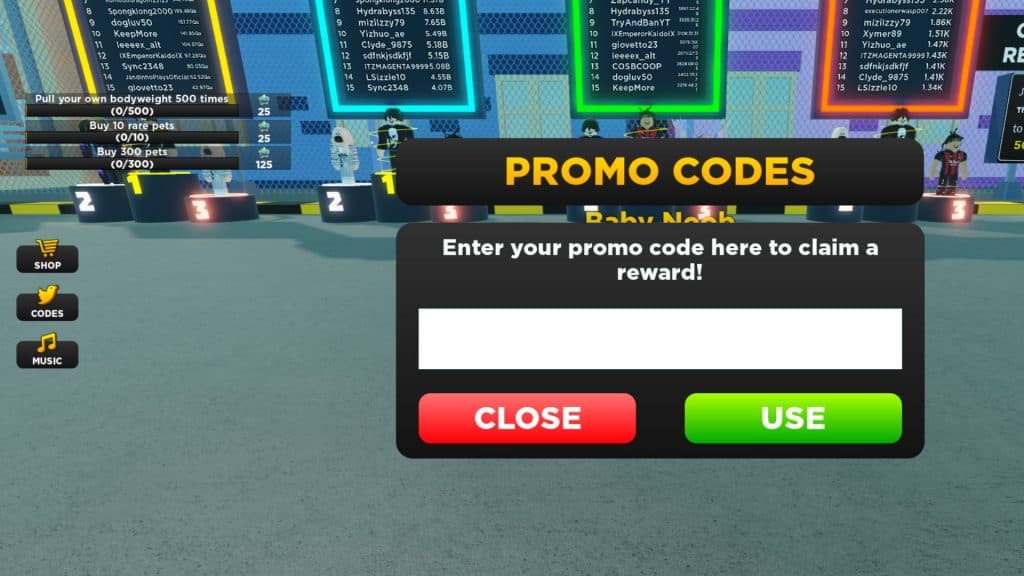 Putting in the codes on Roblox