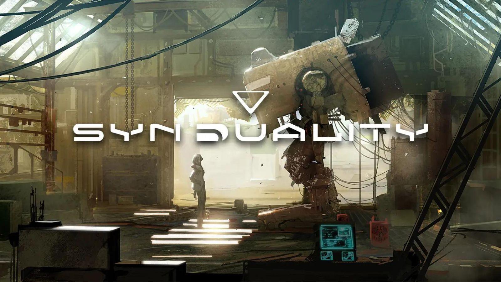 Synduality character facing mech, with logologo