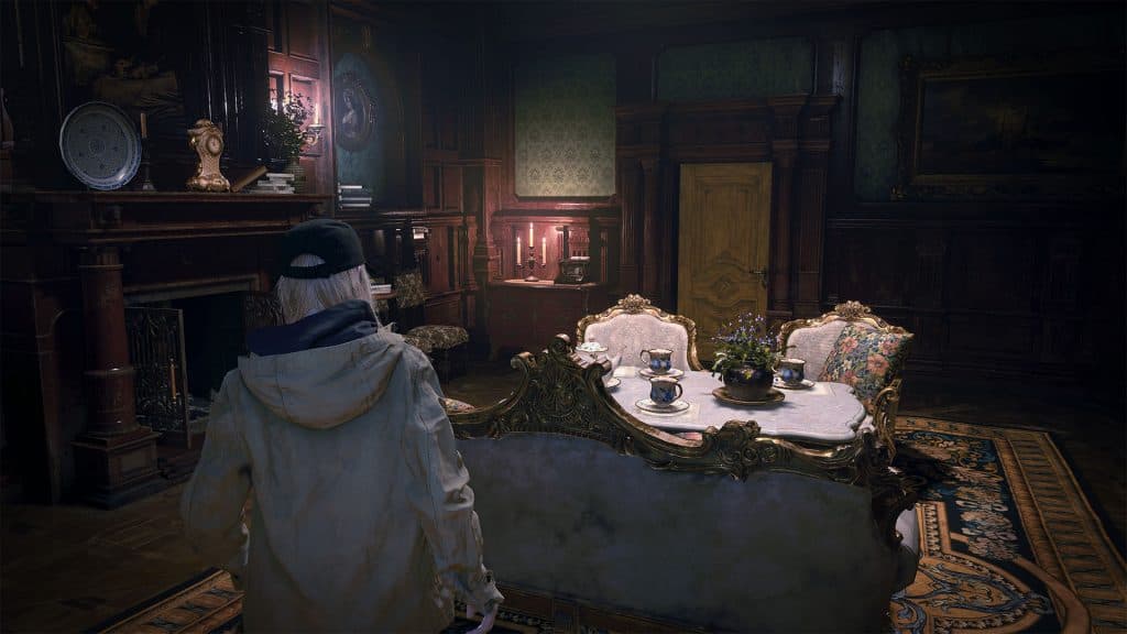 Resident Evil Village Shadows of Rose DLC screenshot showing Rose exploring a mansion