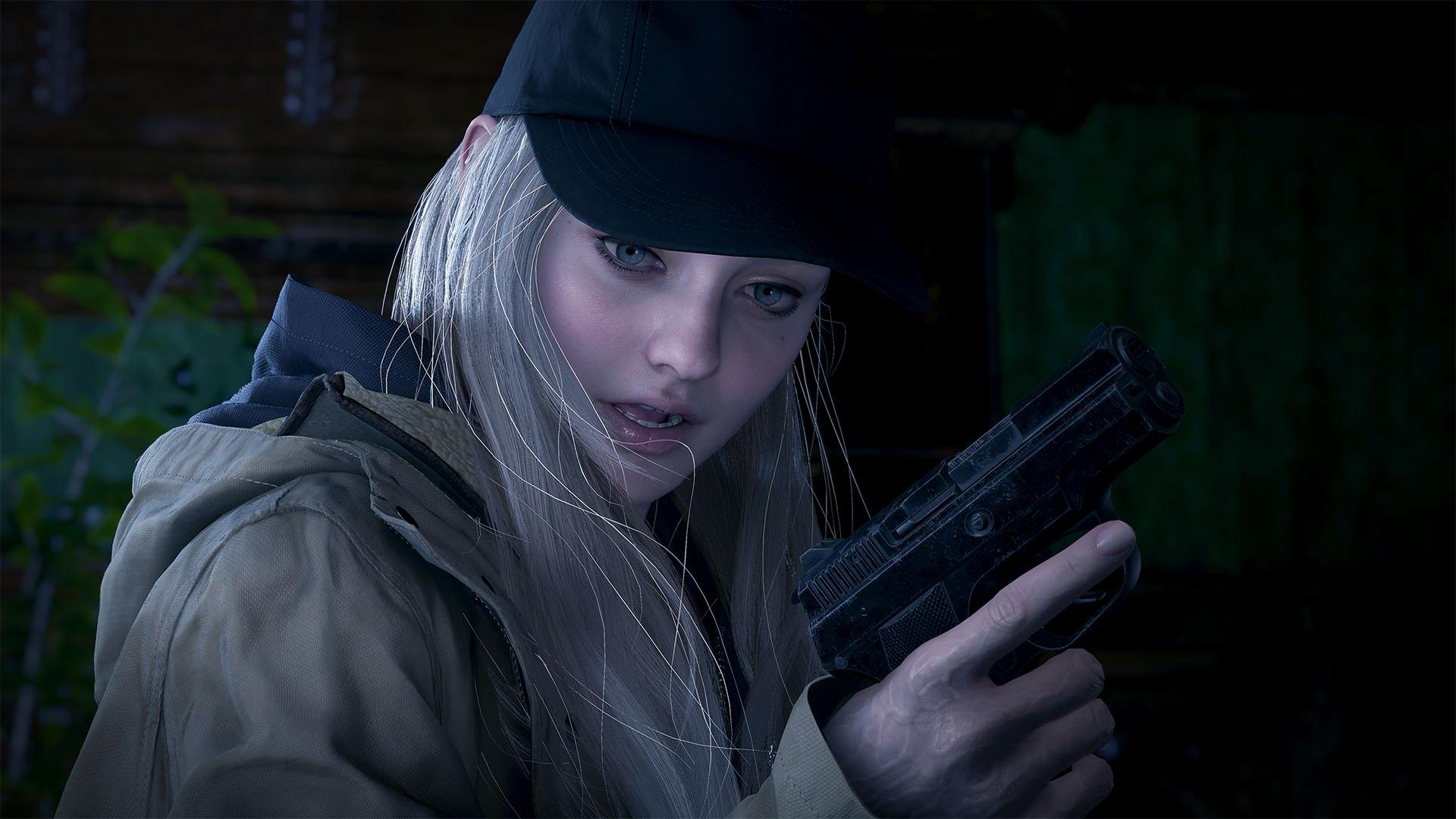 Resident Evil Village Shadows of Rose DLC screenshot showing Rose looking at a gun