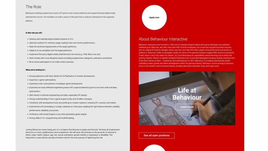 an image of behaviour interactive job listing new game