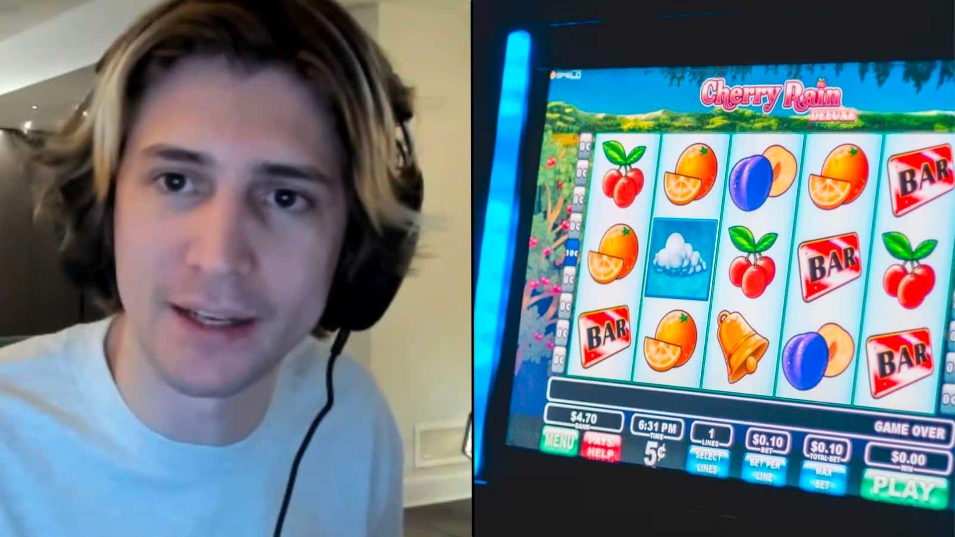 xQc talking to camera next to colorful slot machine