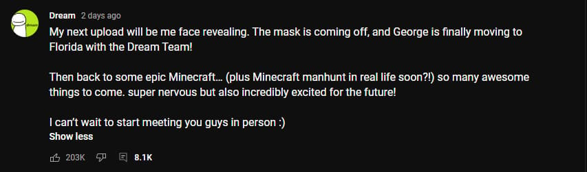 dream youtube community post explaining he will reveal his face soon
