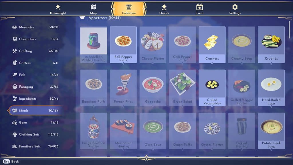 UI screenshot showing recipes (or meals) in Dreamlight Valley