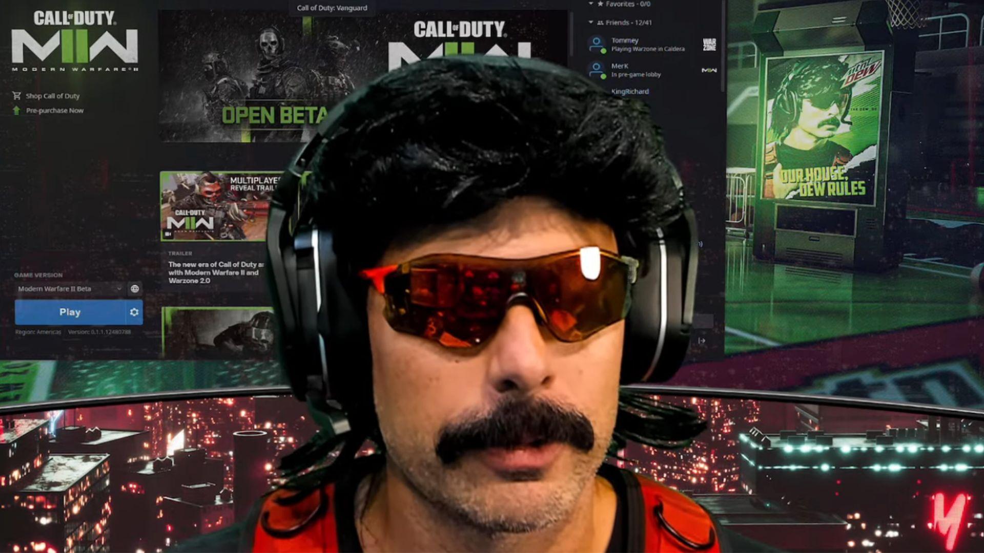 Dr Disrespect talking to camera in front of Modern Warfare 2 logo