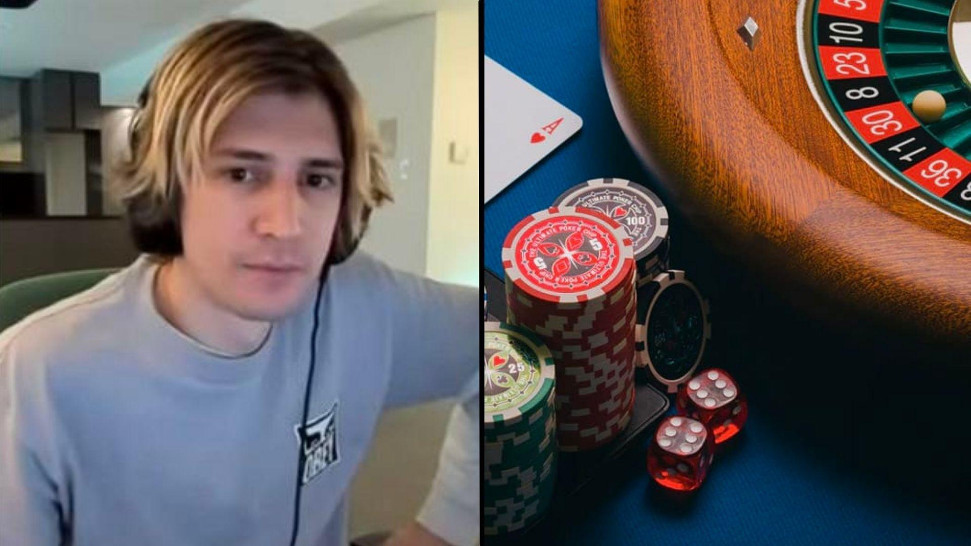 xQc looking at camera in grey shirt next to casino table with roulette cards and chips