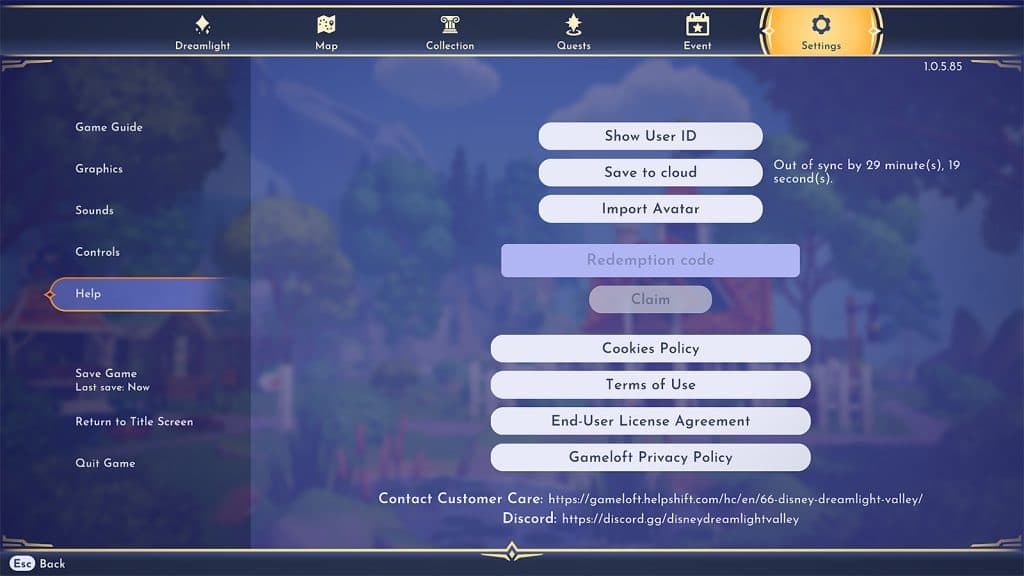The Help menu screen with the redemption codes box in Disney Dreamlight Valley