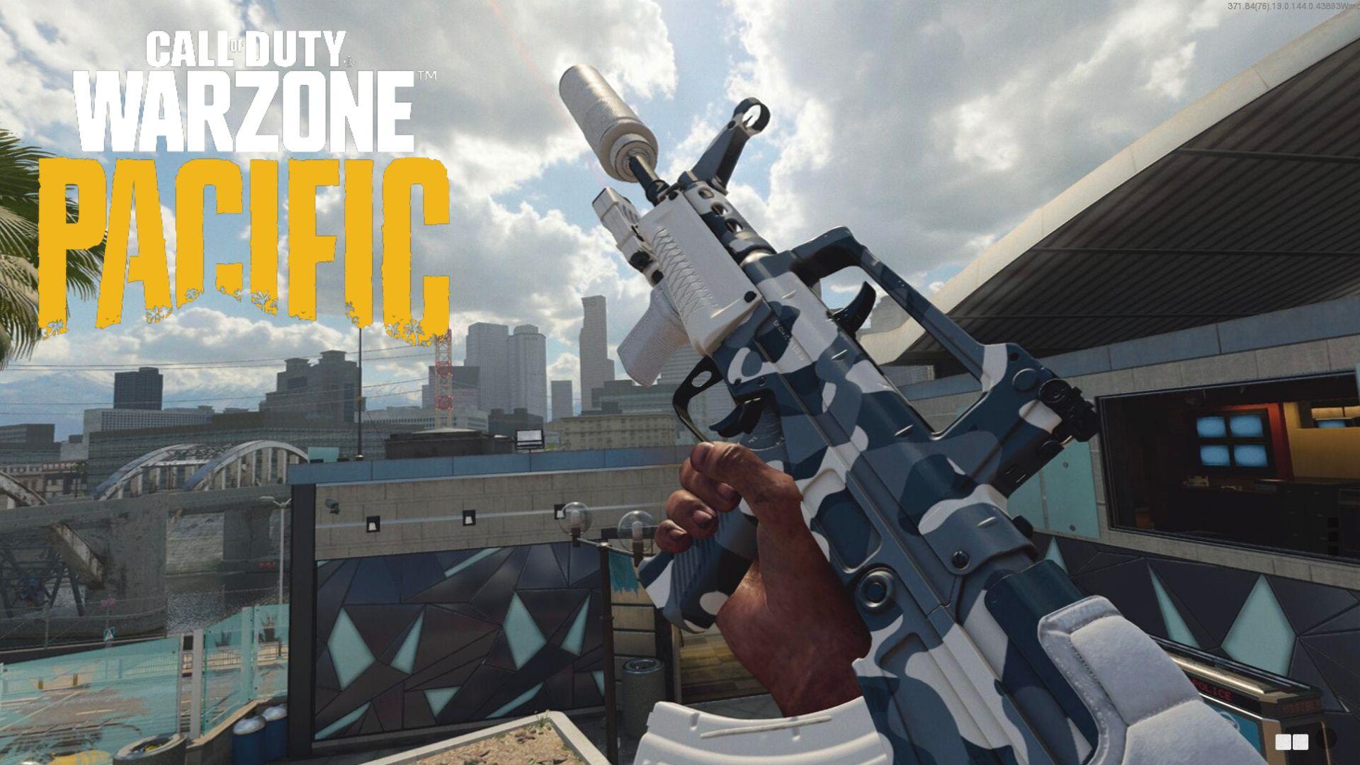 QBZ being held aloft with blue and white skin next to Warzone Pacific logo