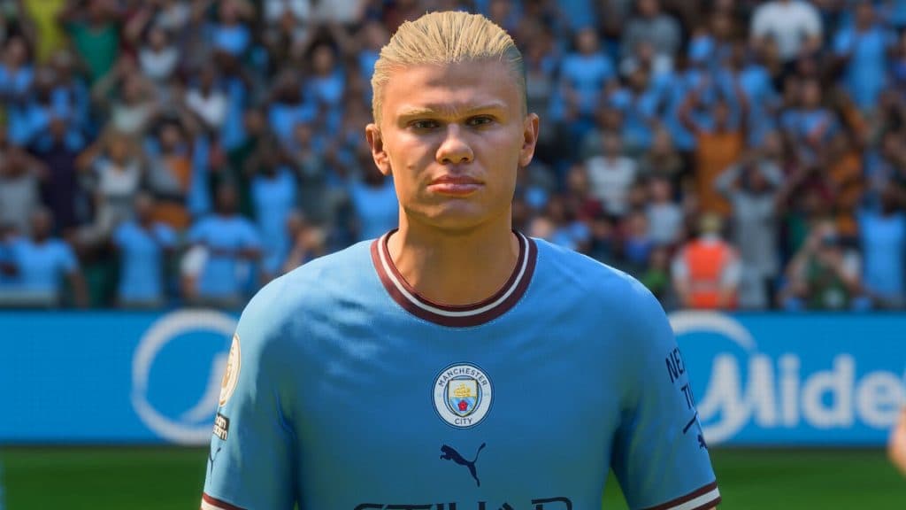 Erling Haaland in Manchester City kit in FIFA 23