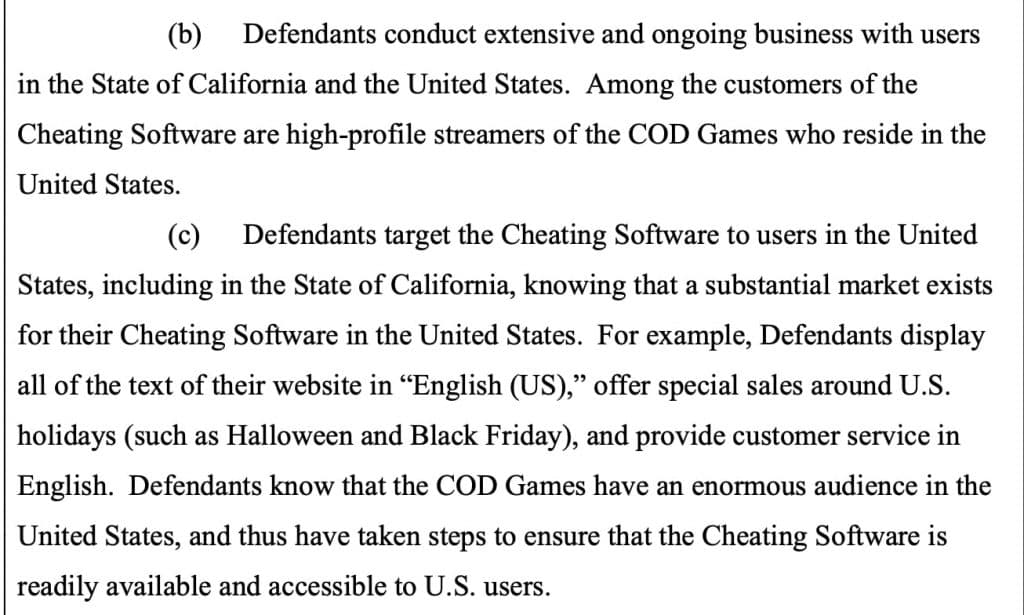Screenshot of court filing with text about call of duty streamers cheating