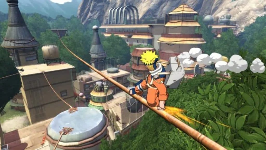 Naruto travelling through the Leaf Village in Naruto: Rise of a Ninja, one of the best games.