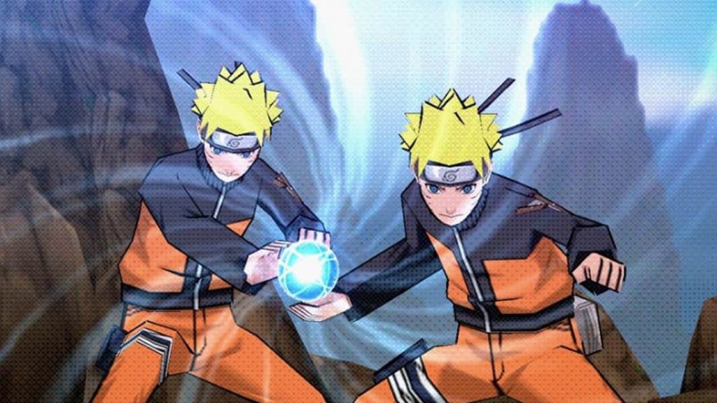Naruto and a shadow clone performing a jutsu attack in Ultimate Ninja Impact.