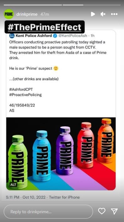 prime instagram reacts to man arrested on theft of prime case