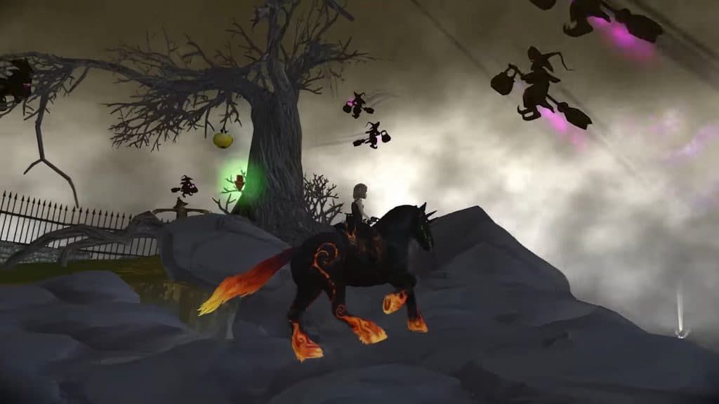 a dark horse and some witches flying in Star Stable