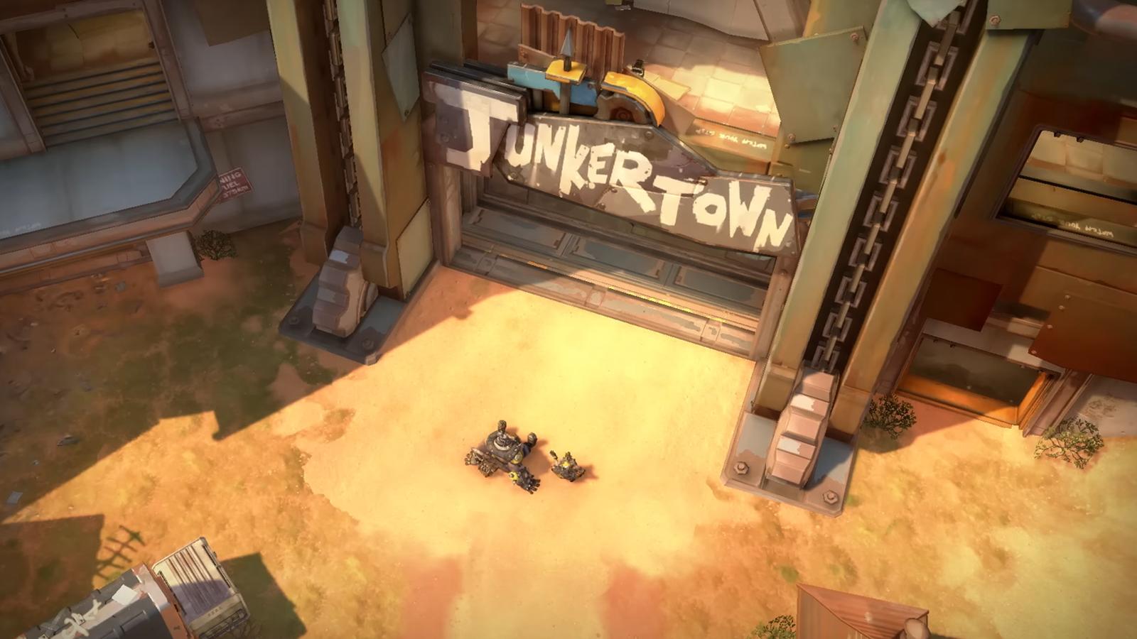 Roadhog and Junkrat sitting outside Overwatch Junkertown map