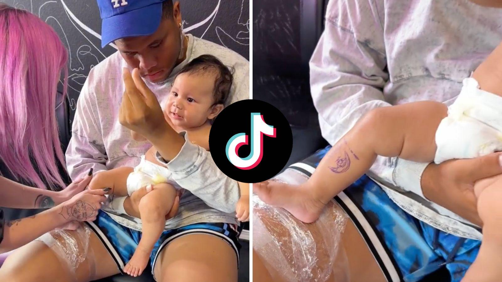Screenshots from viral TikTok video of baby getting inked
