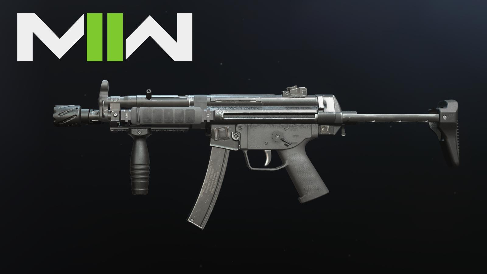 lachmann sub smg previewed in mw2 with game logo at top left in background,