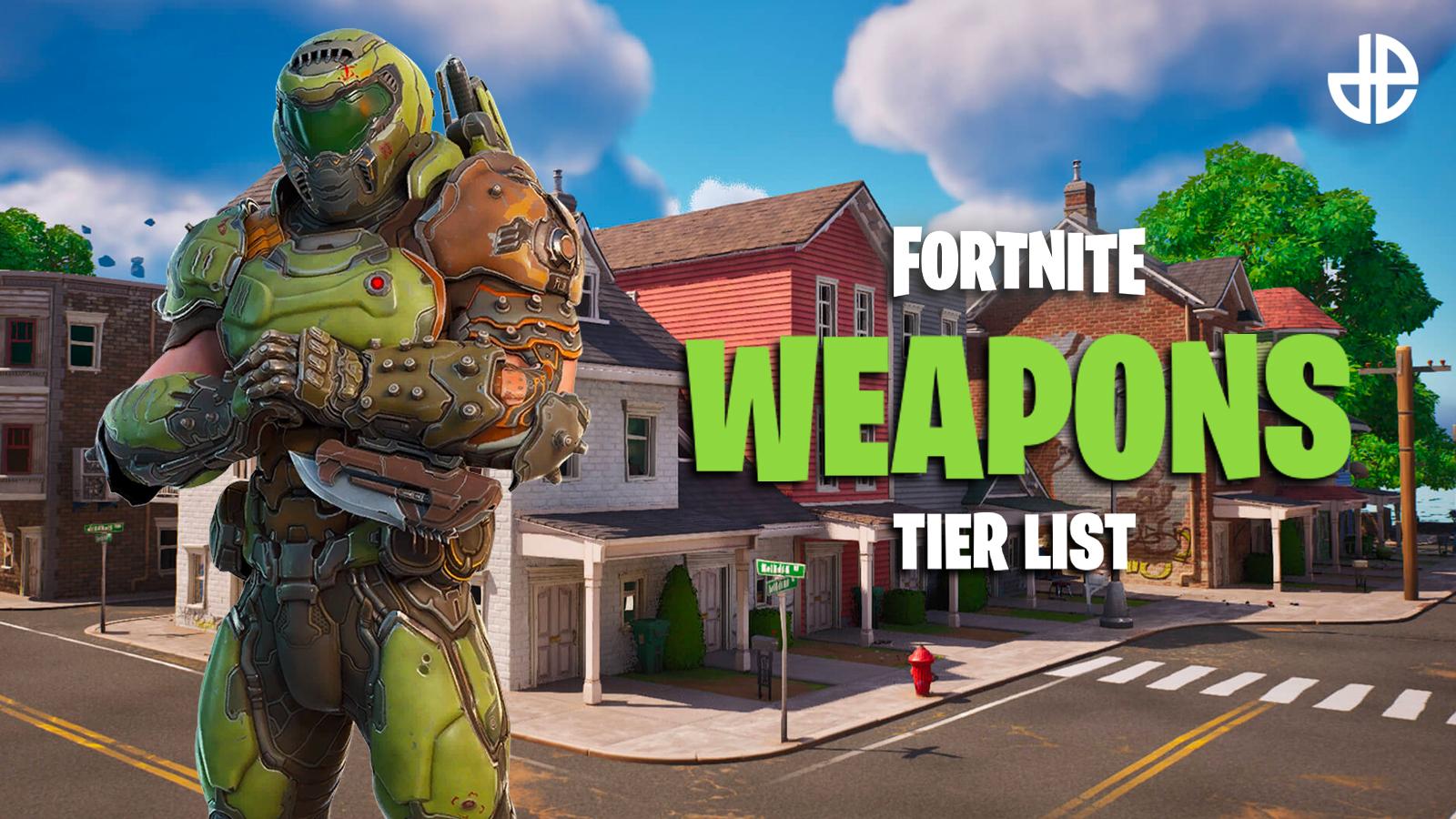 A Fortnite character next to text reading 'best fortnite weapons tier list'
