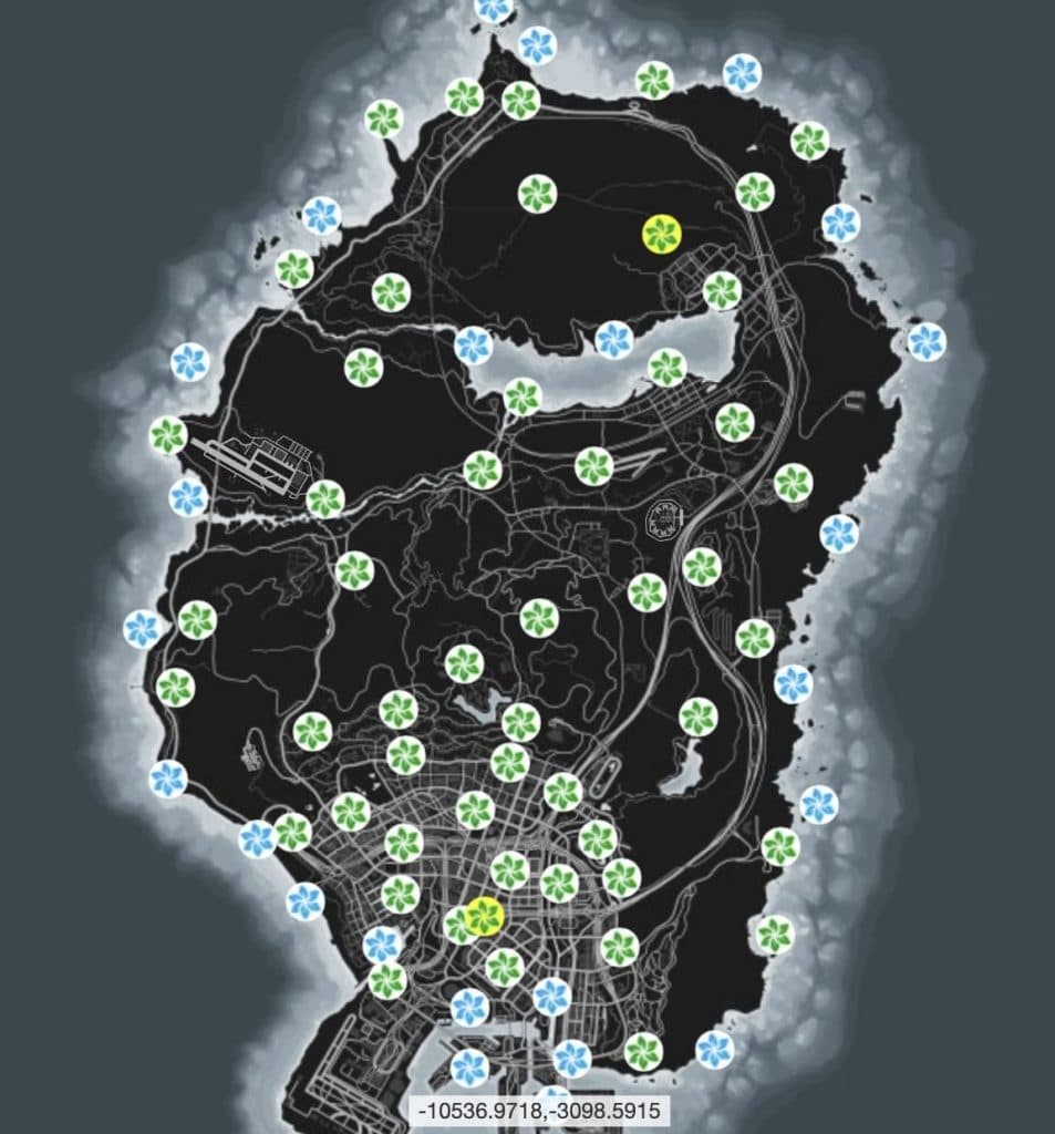 Map of peyote plant locations in GTA Online with different indicators