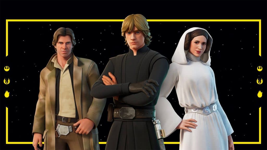 Han Solo, Luke Skywalker, and Leia appearing in Fortnite update 22.30