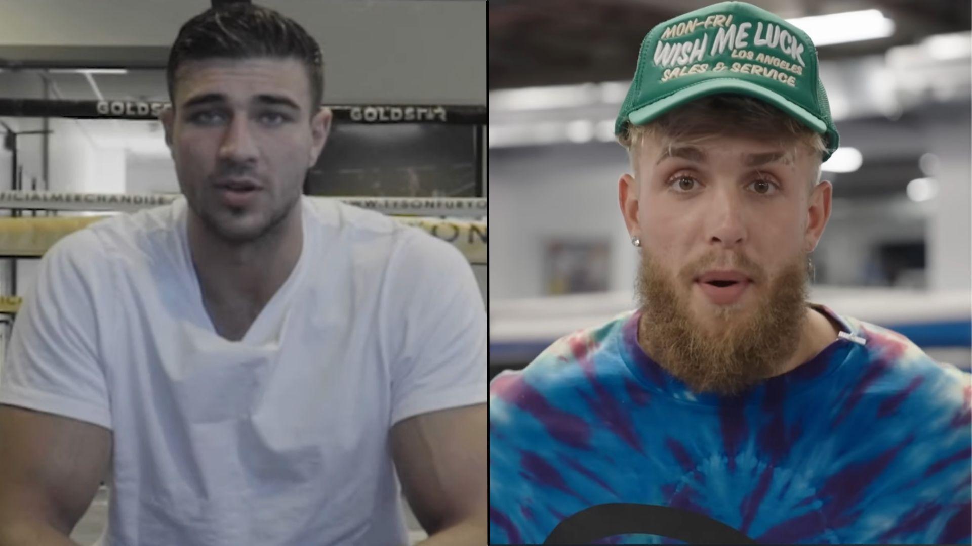 Tommy Fury and Jake Paul in boxing gym talking to camera