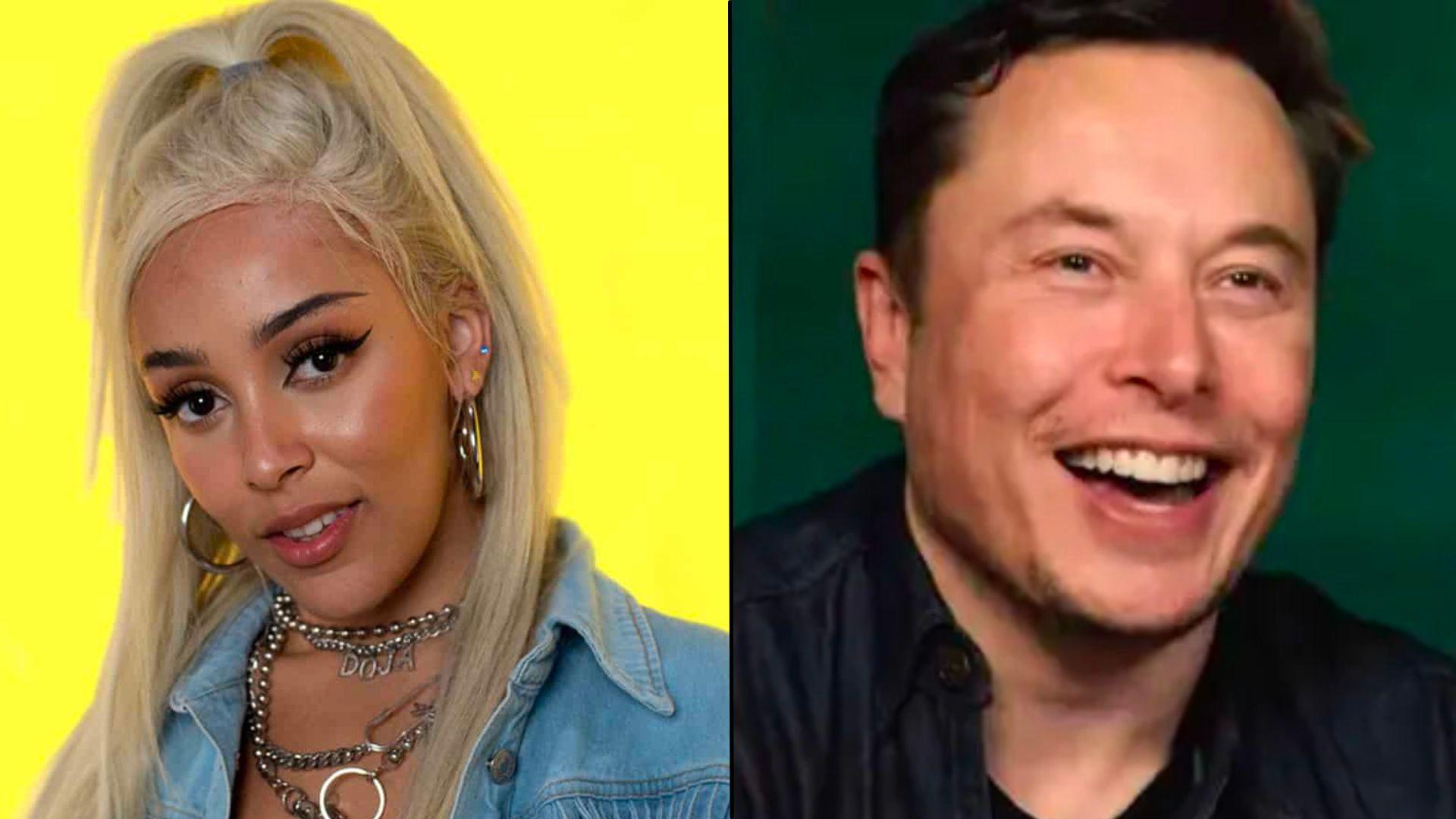 Doja Cat and Elon Musk side by side looking at camera