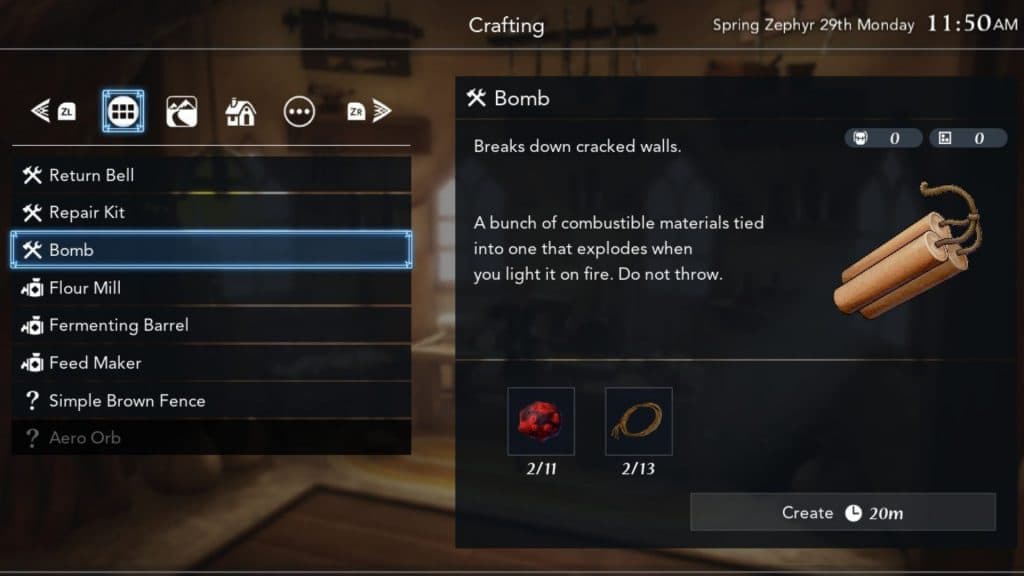 Crafting a level 1 bomb in Harvestella