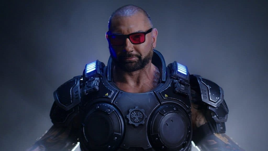 Dave Bautista in Gears of War armor for a promotional video