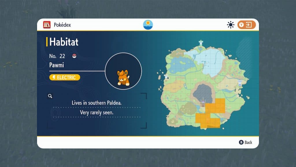 An image of Pawmi locations on the Paldea Pokedex.