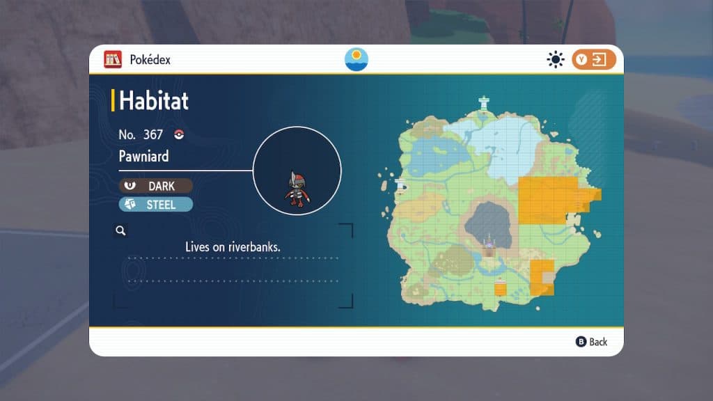 An image of Pawniard locations in the Pokdex