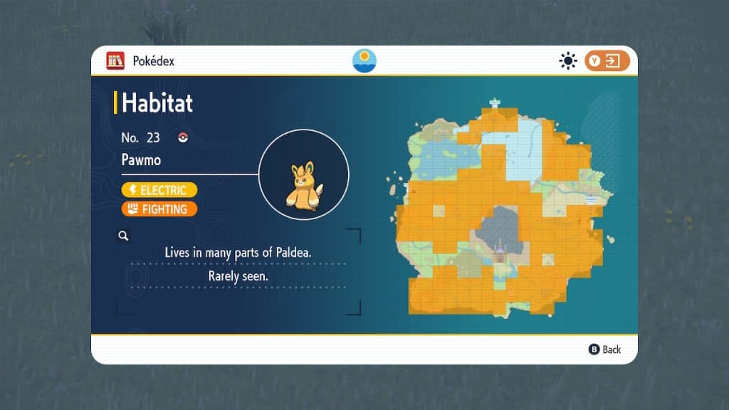 An image of Pawmo's locations on the Paldea Pokedex.