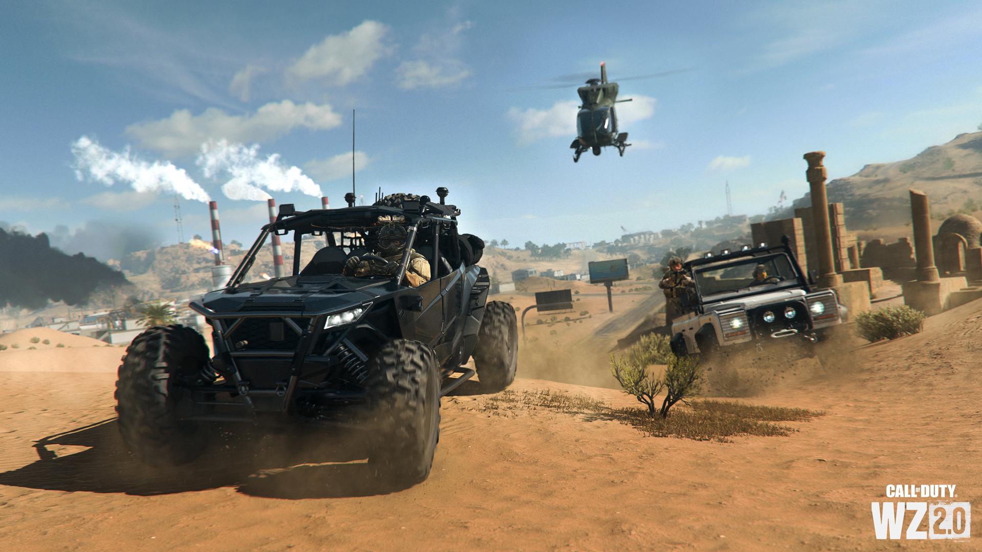 Warzone 2 Screenshot showing combat between a series of land and air vehicles